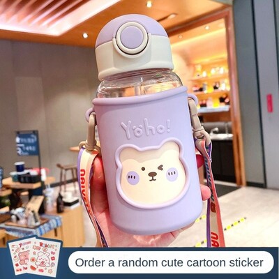 Sticla de apă cu urs de desene animate din plastic 620 ML ceașcă cu paie pentru copii de capacitate mare, ceașcă portabilă cu apă pentru sport, etanșă, școală, băieți, fete
