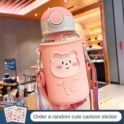 Sticla de apă cu urs de desene animate din plastic 620 ML ceașcă cu paie pentru copii de capacitate mare, ceașcă portabilă cu apă pentru sport, etanșă, școală, băieți, fete
