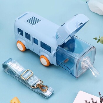 Cute Baby Bus Water Bottle Little Locomotive Πλαστικό παιδικό ψάθινο κύπελλο νερού με καλαμάκι με ιμάντες Sports Water Cup Καλοκαίρι