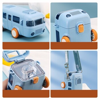 Cute Baby Bus Water Bottle Little Locomotive Πλαστικό παιδικό ψάθινο κύπελλο νερού με καλαμάκι με ιμάντες Sports Water Cup Καλοκαίρι