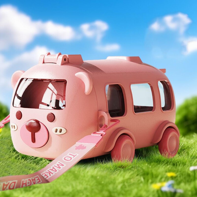 Cupă pentru sorbire în formă de autobuz 500 ml Cupe pentru mașină de jucărie cu autobuz de desene animate, cu paie, fără Bpa, cupe pentru sippy pentru acasă, școală în aer liber pentru copii