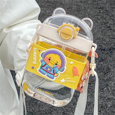 Cupă cu paie Cupă cu paie pentru copii, băieți și cu desene animate, ceașcă drăguță portabilă pentru elevi de școală elementară, ceașcă plată pătrată ursuleț