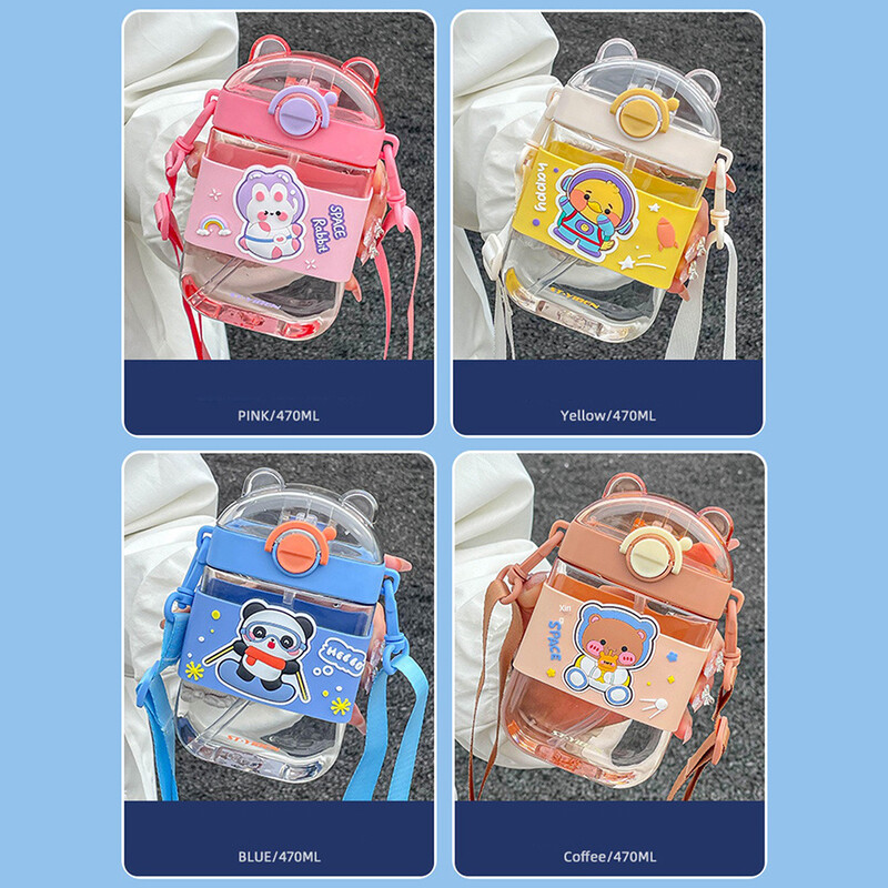 Cupă cu paie Cupă cu paie pentru copii, băieți și cu desene animate, ceașcă drăguță portabilă pentru elevi de școală elementară, ceașcă plată pătrată ursuleț