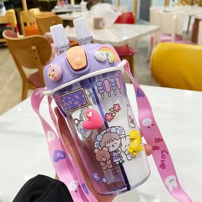430 ml Copii drăguți Sticlă dublă de apă potabilă Paie Sticlă portabilă Student Cuplu Cupă Plastic Cadou școală Copii
