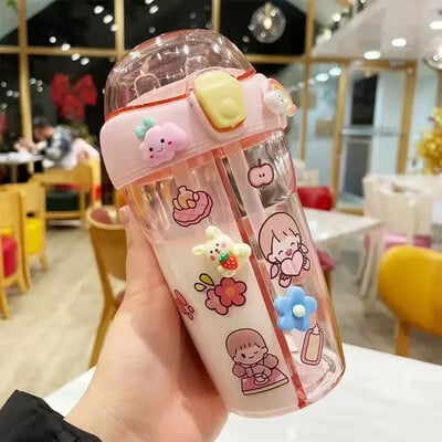 430 ml Copii drăguți Sticlă dublă de apă potabilă Paie Sticlă portabilă Student Cuplu Cupă Plastic Cadou școală Copii