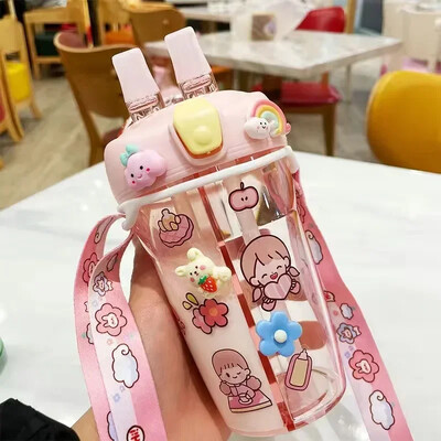 430 ml Copii drăguți Sticlă dublă de apă potabilă Paie Sticlă portabilă Student Cuplu Cupă Plastic Cadou școală Copii