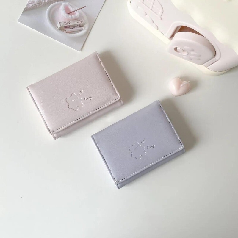 BOMO Portofele drăguțe pentru femei Poșeta cu monede cu imprimeu de urs Kawaii, stil coreean, din piele Pu, portofele drăguțe, portofel scurt pentru carduri