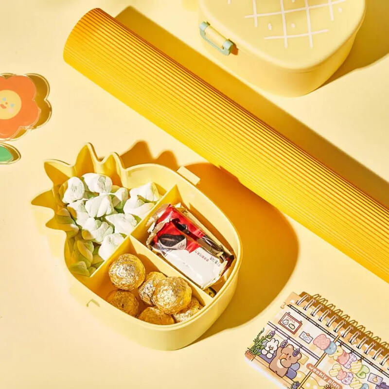 Cutie de prânz în formă de ananas, cu compartimente, rezistentă la scurgeri, cutie bento cu 3 grile, container pentru alimente, cutie bento portabilă pentru școala copiilor