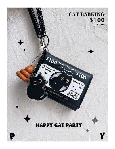 Portofel pliabil BOMO pentru femei, cu desene animate, poșetă scurtă cu pisică neagră, la modă, geantă pătrată cu fermoar Pu, portofel estetic original pentru tineret