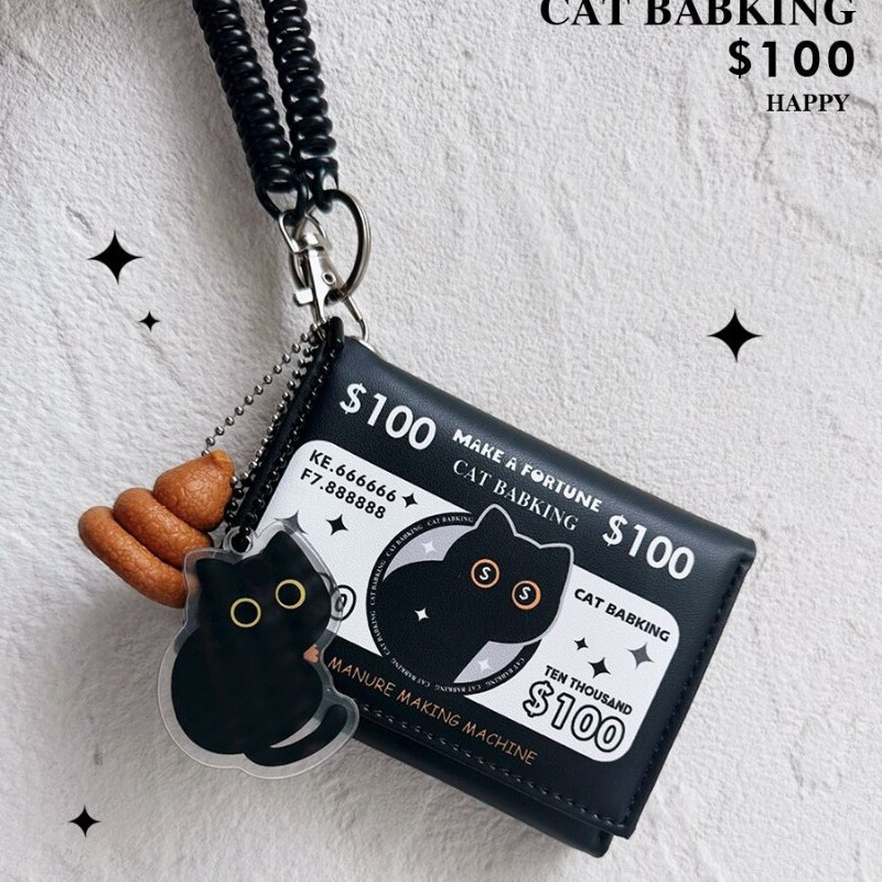 Portofel pliabil BOMO pentru femei, cu desene animate, poșetă scurtă cu pisică neagră, la modă, geantă pătrată cu fermoar Pu, portofel estetic original pentru tineret