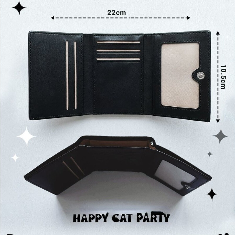 Portofel pliabil BOMO pentru femei, cu desene animate, poșetă scurtă cu pisică neagră, la modă, geantă pătrată cu fermoar Pu, portofel estetic original pentru tineret