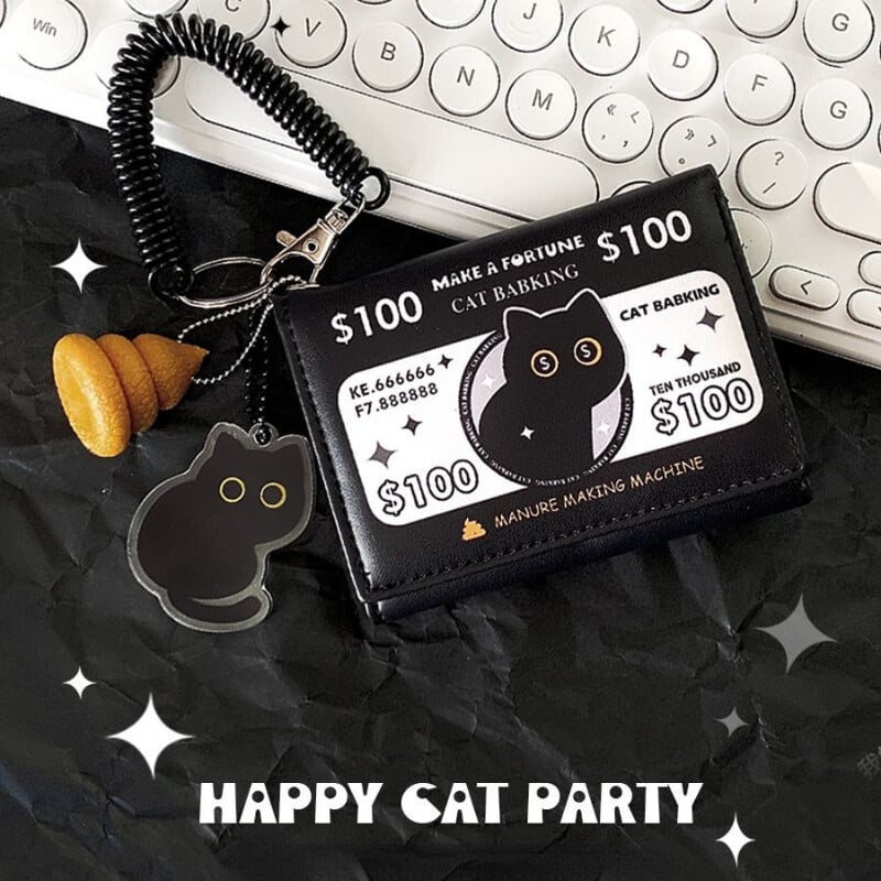 Portofel pliabil BOMO pentru femei, cu desene animate, poșetă scurtă cu pisică neagră, la modă, geantă pătrată cu fermoar Pu, portofel estetic original pentru tineret