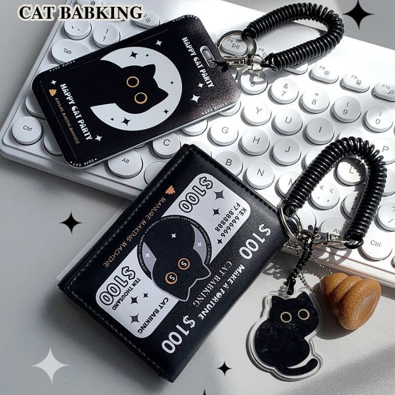 Portofel pliabil BOMO pentru femei, cu desene animate, poșetă scurtă cu pisică neagră, la modă, geantă pătrată cu fermoar Pu, portofel estetic original pentru tineret