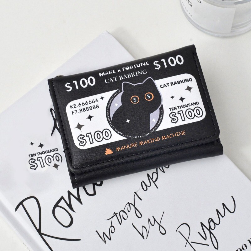 Portofel pliabil BOMO pentru femei, cu desene animate, poșetă scurtă cu pisică neagră, la modă, geantă pătrată cu fermoar Pu, portofel estetic original pentru tineret