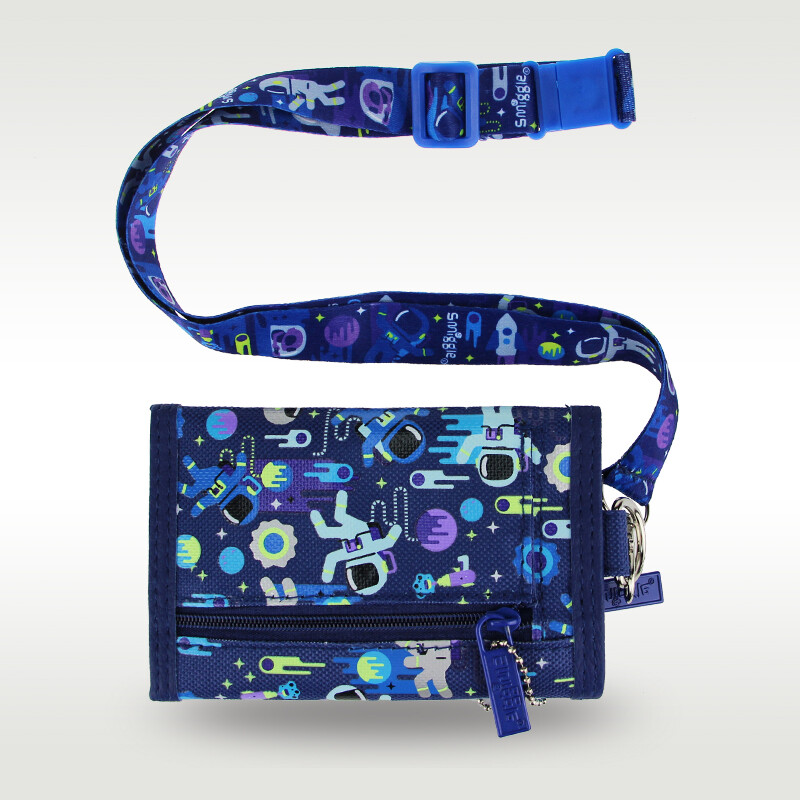 Austraalia Smiggle originaal laste rahakott Kolmekordne nahast rahakott Tumesinine Kosmosemees armas mündikott Poiste kaelapaelaga kaardiümbris