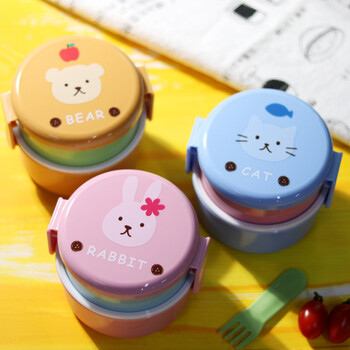 Cute Animal Lunch Box Ιαπωνικό διπλής στρώσης Στρογγυλό Mini Bento Box Παιδικό κουτί φρούτων Κουτί σνακ Φούρνος μικροκυμάτων Παιδικό μεσημεριανό κουτί 540ml