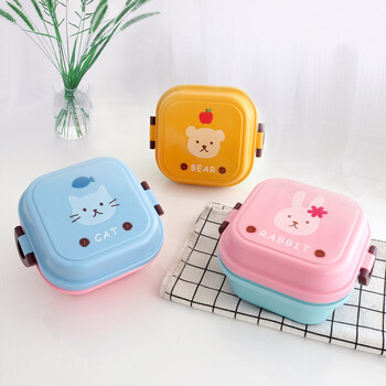 Cute Animal Lunch Box Ιαπωνικό διπλής στρώσης Στρογγυλό Mini Bento Box Παιδικό κουτί φρούτων Κουτί σνακ Φούρνος μικροκυμάτων Παιδικό μεσημεριανό κουτί 540ml