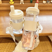 Sticla de apă din sticlă de ceai cu bule Kawaii, cu paie Boba, manșon din PU, cești mari de plastic, cafea, lapte, suc de lapte, sticla de băut fără BPA