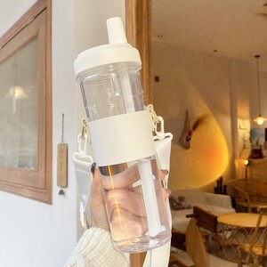 Sticla de apă din sticlă de ceai cu bule Kawaii, cu paie Boba, manșon din PU, cești mari de plastic, cafea, lapte, suc de lapte, sticla de băut fără BPA