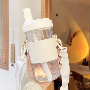 Sticla de apă din sticlă de ceai cu bule Kawaii, cu paie Boba, manșon din PU, cești mari de plastic, cafea, lapte, suc de lapte, sticla de băut fără BPA