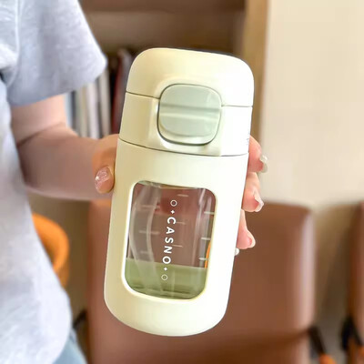 Pahar drăguț pentru sticlă cu apă, cu paie, pentru cafea cu gheață, suc, ceai, ceașcă de sticlă, sticlă de 330 ml, pentru femei, fete