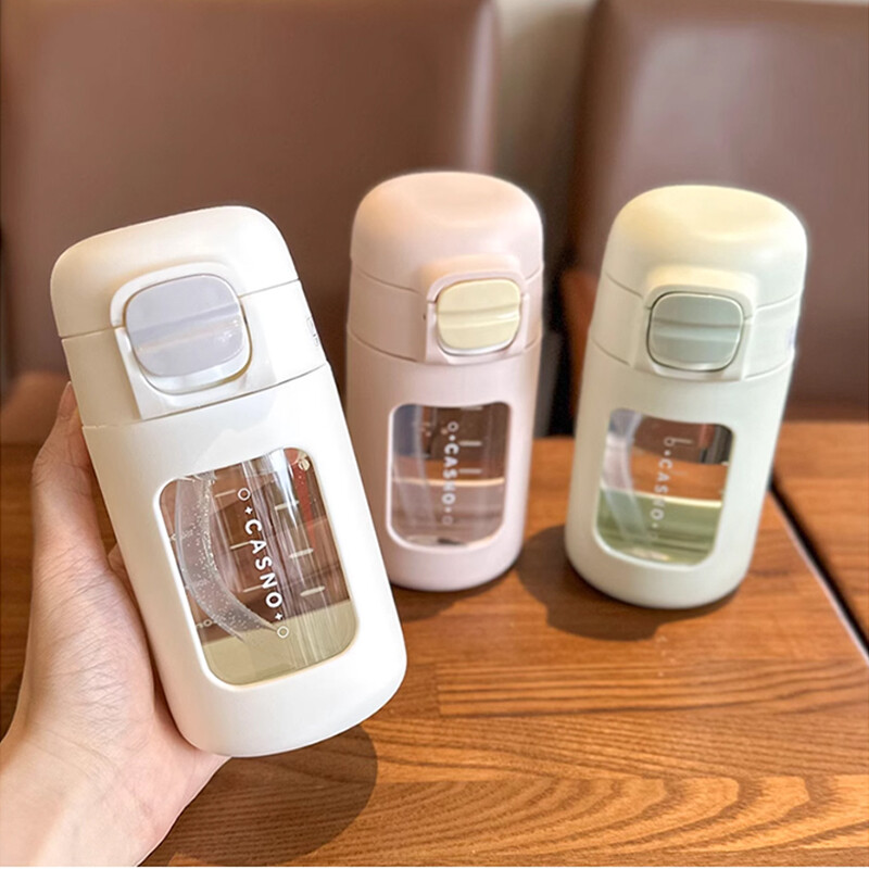 Pahar drăguț pentru sticlă cu apă, cu paie, pentru cafea cu gheață, suc, ceai, ceașcă de sticlă, sticlă de 330 ml, pentru femei, fete