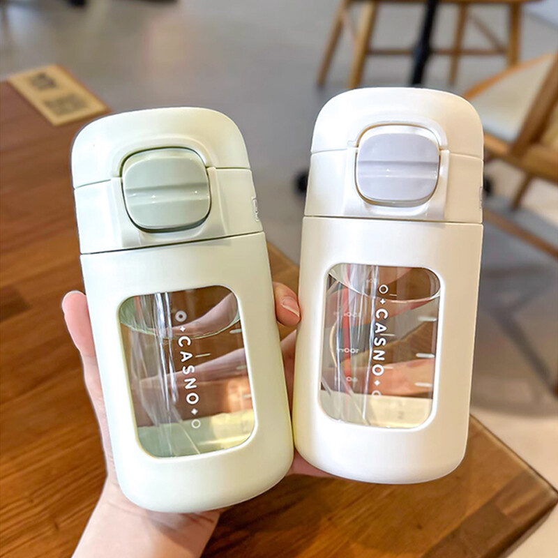 Pahar drăguț pentru sticlă cu apă, cu paie, pentru cafea cu gheață, suc, ceai, ceașcă de sticlă, sticlă de 330 ml, pentru femei, fete