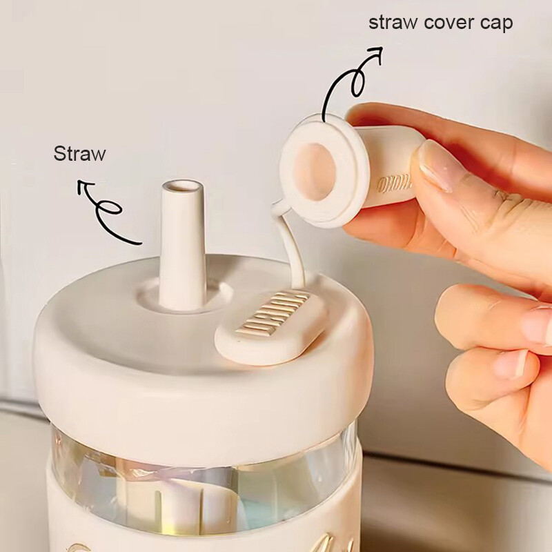 Cană drăguță de sticlă de 600 ml, cu capac și capac de paie, infuzor, sticla de apă din sticlă, estetică pentru cafea, ceai, suc, sticla de băut