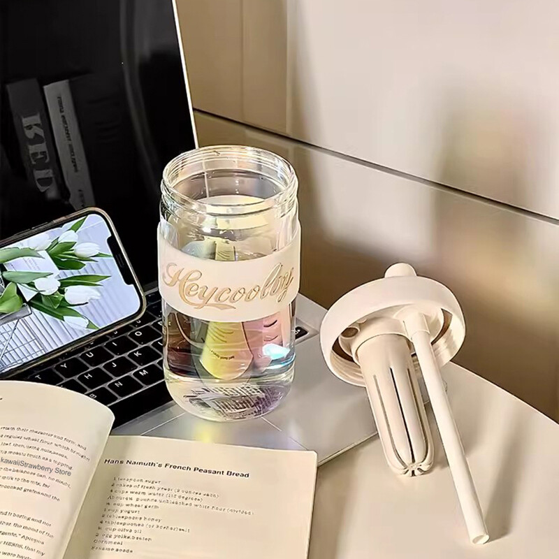 Cană drăguță de sticlă de 600 ml, cu capac și capac de paie, infuzor, sticla de apă din sticlă, estetică pentru cafea, ceai, suc, sticla de băut