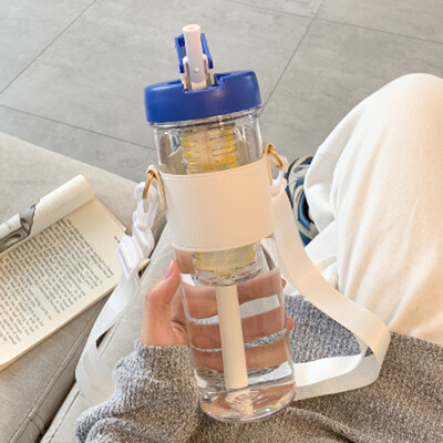 Sticlă de apă simplă din plastic de capacitate mare de 800 ml, cu paie, infuzor portabil de ceai cu bule, filtru de suc pentru studentă, ceașcă de apă de băut