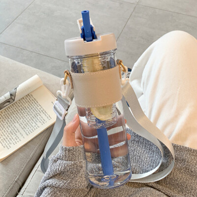 Sticlă de apă simplă din plastic de capacitate mare de 800 ml, cu paie, infuzor portabil de ceai cu bule, filtru de suc pentru studentă, ceașcă de apă de băut