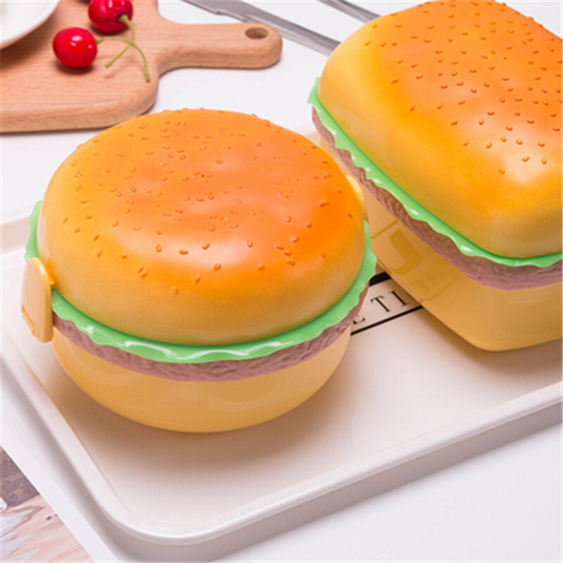 Creative Kid Hamburger Lunch Box Cute Double Tier Burger Bento Box kooli toidukonteinerite lauanõude komplekt kahvliga