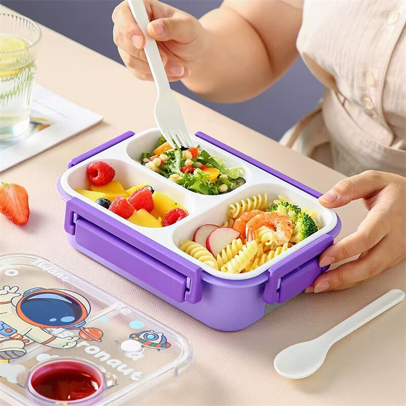 Multifilmi dinosaurusmustriline lõunakarp lastele sektsioonidele Bento kast kahvli lusikaga õpilastele toidukonteiner õues piknikukarp