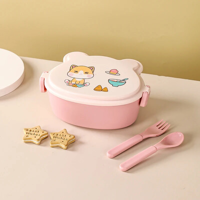 Armas kassikujuline lõunakarbi kahekihiline toidukonteiner kahvli ja lusikaga mikrolaineahjuga laste Bento karbiga