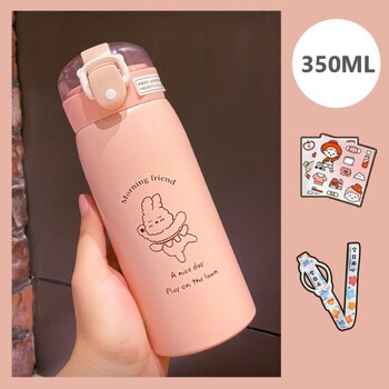 350ml/500ml Сладка бутилка за вода Термос Чаша Преносима Kawaii Термос бутилка със сламка и стикери Детска термо чаша от неръждаема стомана