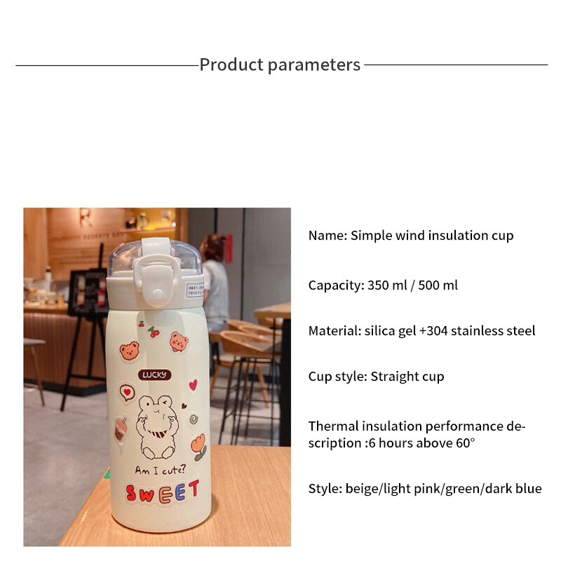 350 ml/500 ml Sticlă de apă drăguță Thermos Cup Sticlă termo portabilă Kawaii cu paie și autocolante Cană termică pentru copii din oțel inoxidabil