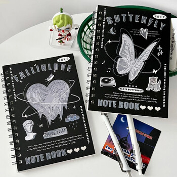 Ins Vintage Butterfly Love Heart Coil Notebook A5 50 Sheet Cute Black Cover Notepad Student Diary Notes Офис Училищни канцеларски материали