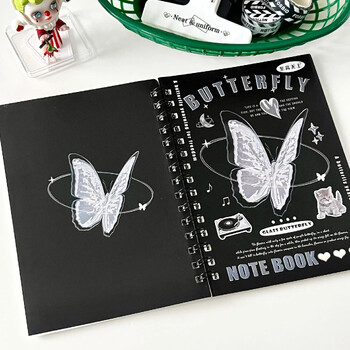 Ins Vintage Butterfly Love Heart Coil Notebook A5 50 Φύλλων Χαριτωμένο μαύρο εξώφυλλο Σημειωματάριο Σημειώσεις ημερολογίου μαθητή Γραφείο Σχολική γραφική ύλη