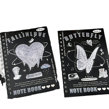 Ins Vintage Butterfly Love Heart Coil Notebook A5 50 Φύλλων Χαριτωμένο μαύρο εξώφυλλο Σημειωματάριο Σημειώσεις ημερολογίου μαθητή Γραφείο Σχολική γραφική ύλη