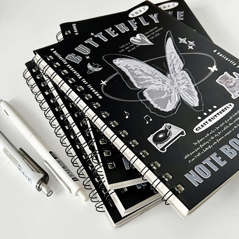Ins Vintage Butterfly Love Heart Coil Sülevihik A5 50 Leht armas musta kaanega märkmik Õpilase päeviku märkmed Kontori kooli kirjatarbed