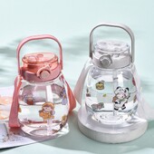 Sticlă de apă cu capacitate mare de 1300 ml, ceașcă portabilă cu apă pentru sport, cu curele, cu paie, cu burtă mare, băieți, fete