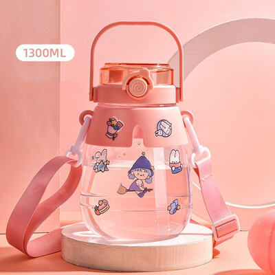 Sticlă de apă cu capacitate mare de 1300 ml, ceașcă portabilă cu apă pentru sport, cu curele, cu paie, cu burtă mare, băieți, fete