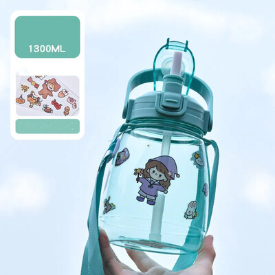 Sticlă de apă cu capacitate mare de 1300 ml, ceașcă portabilă cu apă pentru sport, cu curele, cu paie, cu burtă mare, băieți, fete