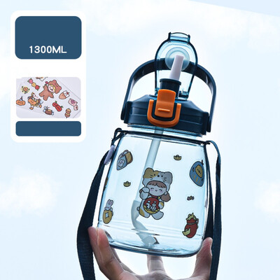 Sticlă de apă cu capacitate mare de 1300 ml, ceașcă portabilă cu apă pentru sport, cu curele, cu paie, cu burtă mare, băieți, fete