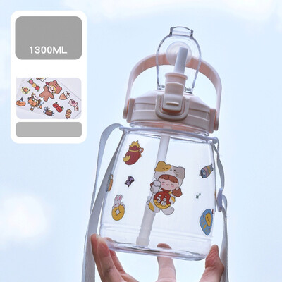 Sticlă de apă cu capacitate mare de 1300 ml, ceașcă portabilă cu apă pentru sport, cu curele, cu paie, cu burtă mare, băieți, fete