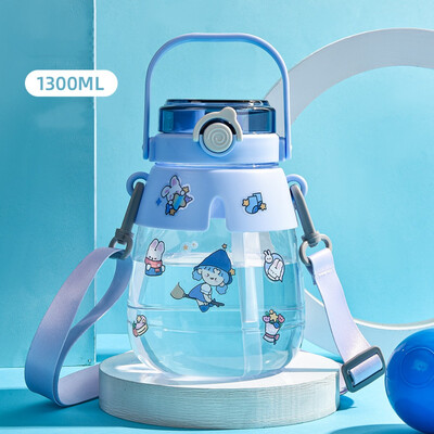 Sticlă de apă cu capacitate mare de 1300 ml, ceașcă portabilă cu apă pentru sport, cu curele, cu paie, cu burtă mare, băieți, fete