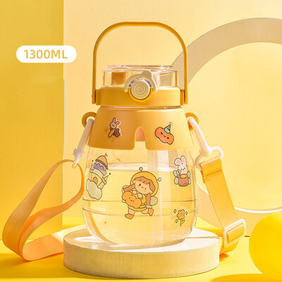 Sticlă de apă cu capacitate mare de 1300 ml, ceașcă portabilă cu apă pentru sport, cu curele, cu paie, cu burtă mare, băieți, fete