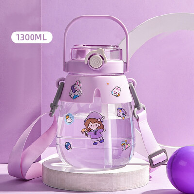 Sticlă de apă cu capacitate mare de 1300 ml, ceașcă portabilă cu apă pentru sport, cu curele, cu paie, cu burtă mare, băieți, fete