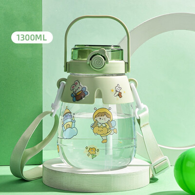 Sticlă de apă cu capacitate mare de 1300 ml, ceașcă portabilă cu apă pentru sport, cu curele, cu paie, cu burtă mare, băieți, fete