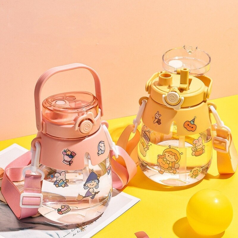 Sticlă de apă cu capacitate mare de 1300 ml, ceașcă portabilă cu apă pentru sport, cu curele, cu paie, cu burtă mare, băieți, fete